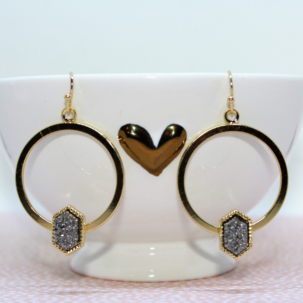 Geometric Gun Metal Druzy Hoop Earrings